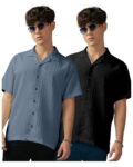 Urban Buccachi Men’s Black & Aqua Striped Polycotton Shirt | Half Sleeve with Lapel Collar & Notch Neck | Smart Regular Fit for Office, Festive & Daily Style (Pack of 2)
