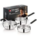 TriPro Triply Mini Cookware Set 3 Pcs Mini Set – 12cm (550ml) Saucepan, 14cm Frypan, 14cm (600ml) Kadai, Compact Kitchen Cooking Set, Bakelite Handle, Healthy Cooking – Induction and Gas Stove Ready