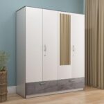 Nilkamal Marbito 4-Door Wooden Wardrobe with Mirror for Bedroom| 3 Year Warranty | Engineered Wood | 2 Drawers with Marble Finish|Hanging Rod, A Lockable Drawer & 8 Shelves for Storage|Frosty White