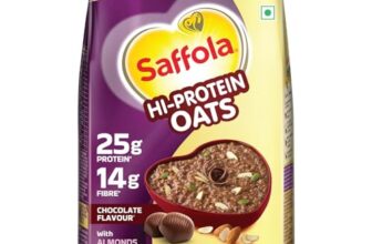 Saffola 25g High Protein Oats | 14g Fibre | 400g | No Refined Sugar | With Almonds, Raisin, Pumpkin and Chia Seeds | Rolled Oats for Weight management & Muscle gain | Chocolate flavour