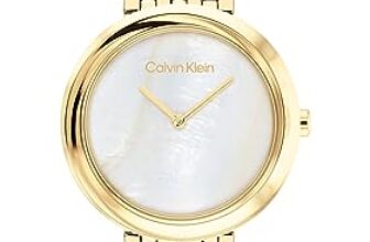 Calvin Klein Twisted Bezel Qtz Basic Slim White Mother of Pearl Round Dial Women’s Watch|Ionic Plated Thin Gold Steel Material|Gold Color Band – 25200321