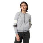 Campus Sutra Women’s Grey & White Striped Regular Fit Zipper Sweatshirt For Winter Wear | Full Sleeve | Cotton Sweatshirt | Casual Sweatshirt For Woman | Western Stylish Sweatshirt For Women