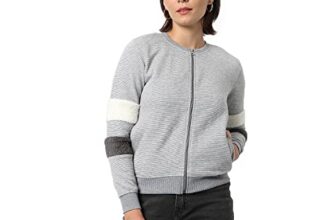 Campus Sutra Women’s Grey & White Striped Regular Fit Zipper Sweatshirt For Winter Wear | Full Sleeve | Cotton Sweatshirt | Casual Sweatshirt For Woman | Western Stylish Sweatshirt For Women