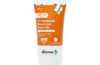 The Derma Co 1% Hyaluronic Sunscreen Aqua Gel SPF 50 PA++++ | Hydrating, Lightweight & Non-Greasy | No White Cast | Broad Spectrum & Blue Light Protection | Clinically Tested – (In-Vivo) | PPD-39 | 30 g