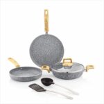 Amazon Basics Granite Finish Non Stick 5 Pcs Induction Base Cookware Set-Granito Grey (24cm Fry Pan, 24 cm Kadai, 28cm Tawa and 2 Nylon Spatulas)