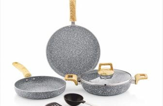 Amazon Basics Granite Finish Non Stick 5 Pcs Induction Base Cookware Set-Granito Grey (24cm Fry Pan, 24 cm Kadai, 28cm Tawa and 2 Nylon Spatulas)
