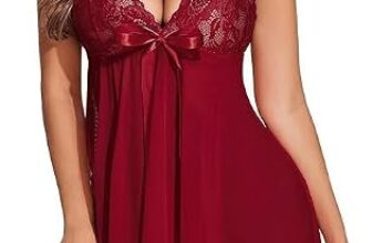 Blossea Soft Net Babydoll Lingerie Set | Lightweight Breathable Nightwear Sleepwear Bikini Dress | Women Romantic Night Dress Lingerie for Honeymoon First Night (1003, Maroon, 2XL)