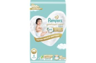 Pampers Premium Care Pant Style Baby Diapers M 4 Count | No Marks Design | Voted India’s #1 Softest Diaper | All in 1 diaper with 360 Cottony Softness