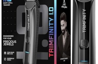 Trimfinity 1.0 Body & Ball Trimmer for Men by UrbanGabru, IPX6 Waterproof, Dual-Mode Motor, Stainless Steel Ceramic Blade, LED Light, 90-Min Battery, Travel Lock, 4 Adjustable Combs, Fast Charging,