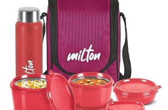 MILTON Pro Lunch Box with Steel Cutlery, 3 Microwave Safe Inner Steel Containers (180 ml, 320 ml, 450 ml), Plastic Chutney Dabba,100 ml, Bottle, 750 ml with Insulated Bag, Office Tiffin, Maroon