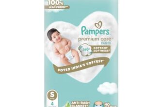 Pampers Premium Care Pant Style Baby Diapers S 4 Count | No Marks Design | Voted India’s #1 Softest Diaper | All in 1 diaper with 360 Cottony Softness