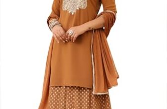 Janasya Women’s Brown Georgette Embroidered Straight Kurta With Sharara & Dupatta Set