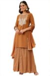 Janasya Women’s Brown Georgette Embroidered Straight Kurta With Sharara & Dupatta Set