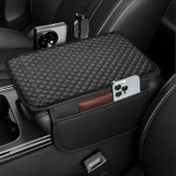 Hensi PU Leather Car Armrest Cushion Pad With Side Pockets, Universal Fit for All Car (Black)