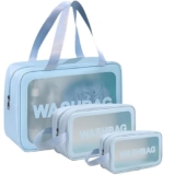 3-Piece Transparent Makeup Bag Set | Clear Cosmetic Organizer Pouches (Large/Medium/Small) | Waterproof Travel Toiletry Bags for Skincare & Beauty Essentials (Blue)
