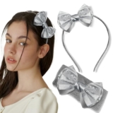 LYKAA Satin Bow Headband and Elastic Hair Band Set for Girls and Toddlers – 2-Piece Soft Hair Accessories – Cute Baby Girl Headbands – Comfortable, Stylish Hair Ties Combo Headband & Stretchable Band (Gray, Medium)