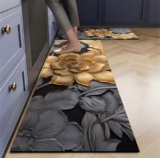 VARDHANN TRADES Anti-Fatigue Kitchen Rug Set – 2 Piece Cushioned Non-Slip Mats for Floor, Sink, Office & Laundry – Waterproof Comfort Standing Runner Rugs (Black Floral)