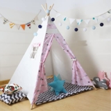 POLKA TOTS Kid’s Portable Teepee Tents with Cushion, Led Light and Non-Slip Padded Mat, Play Tent, Indoor & Outdoor Playhouse Tents for Children (Pink & White)
