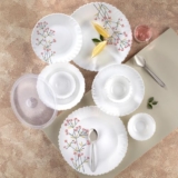 Larah by Borosil Silk Series Red Bud Opalware Dinner Set with Steel Spoon | 55 Pcs for Family of 8 | Microwave & Dishwasher Safe | Bone-Ash Free | Crockery Set for Dining & Gifting | Plates & Bowls