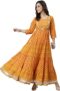 Janasya Women’s Mustard Cotton Floral Print Flared Kurta