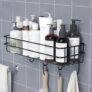 Boniry Stainless Steel Bathroom Shelf for Wall, Self Adhesive Bathroom Organiser, 4 Hooks for Towel Holder, Space-Saving Wall Mounted Bathroom Shelf with Elegant Design (Pack of 1, Black)