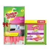 Scotch-Brite Combo Rubber Kitchen Gloves (Small) + Scotch-Brite Sponge Wipe Resusable Kitchen Cleaning Foam Cellulose Wood Sponge