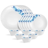 Cello Opalware Dazzle Series Blue Swirl 18-Piece Dinner Set Serving for 6 | Bone Ash-Free | Elegant White & Blue Design | Microwave & Dishwasher Safe | Chip-Resistant | Opal Glass Crockery Set