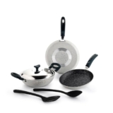 Crystal Aluminum 6 Pcs Non Stick Cookware Set | Gas Stove Friendly | Tawa, Fry Pan, Kadhai with Lid, Laddle & Spatula | Durable 4 Layer Non Stick Coating | PFOA Free | White