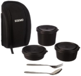 Amazon Brand – Solimo Stainless Steel Microwave Safe Lunch Box Set of 5 | 3 Containers (470ml, 330ml, 230ml) with Cutlery | 100% Food Grade | Easy to Clean | for Office, School, Travelling (Black)