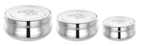 Amazon Brand – Solimo Belly Puri Dabba set | BPA-FREE | Stainless steel | Glossy finish | Set of 3