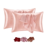 MiRA Designs | Satin Silk Pillow Covers, Silk Pillowcases Pack of 2, 2- Scrunchie Set, Silk Hair Accessories for Women, Silk Scrunchie and Pillowcase Set, Luxury Silk Pillow Covers (Biscuit)