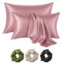 Shop141 Satin Silk Pillow Cover for Hair and Skin 2 Piece with 3 Piece Satin Silk Scrunchies Free Solid Pillow Covers with Envelope Closure