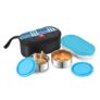 CELLO MF Trent Plus Lunch Box with Bag for Office, Blue | 300ml x 2 Steel Containers, 500ml Oval Plastic Containers, Leak Proof Airtight Snap Lock Lid Tiffin Box Set for School Kids, College & Travel