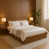 MATTERHORN Engineered Wood Bed in Almond Beige – Queen Size (L1985 x W1560 x H300 mm) | Platform Bed | Modern Wooden Bed for Bedroom, Durable & Stylish Design