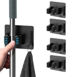 Suzec 4pcs Wall Mounted Broom and Mop Holder – Steel Self-Adhesive Stick Holder for Home Without Drilling (Black)
