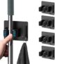Suzec 4pcs Wall Mounted Broom and Mop Holder – Steel Self-Adhesive Stick Holder for Home Without Drilling (Black)