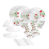 Larah by Borosil Hazel Fluted Series Opalware Dinner Set | 63 Pieces for Family of 8 | Microwave & Dishwasher Safe | Bone-Ash Free | Crockery Set for Dining & Gifting | Plates & Bowls | White