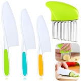 Riviox 4 Pcs Kids Knife Set – Nylon Kitchen Knives with Crinkle Cutter & Serrated Edges | Toddler Chef Tools for Real Cooking & Cutting Fruit, Bread, and Vegetables