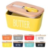 Ceramic Butter Dish with Wooden Lid and Stainless Steel Knife, Large Butter Container Keeper with Bamboo Cover and Silicone Sealing Ring for West and East Coast Butter (Yellow)