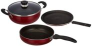 Amazon Brand – Solimo 3-Piece Aluminium Cookware Set – Fry Pan,Kadhai&Tawa|2-Way 3 Layer Non-Stick Coating|Induction Friendly Design|Pfoa Free|High Temperature Resistant Exterior Coating,Maroon