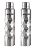 NIRLON Stainless Steel Single Wall Diamond Cut Water Bottle/Fridge Refrigerator Bottle/ 100% Leak Proof/Office Bottle/School Bottle, 1000 ML, Set of 2 (FB_Crystal Cool)
