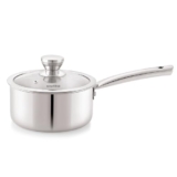 Cello Induction Base Tri-Ply Pro Sauce Pan with Glass Lid, 1.4 Litre, 16 cm | Stainless Steel Cookware | 5 Year Warranty | Induction & Gas Base | Heavy Base | Silver
