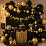 PartySutra Black and Golden Balloons Birthday Decoration Kit – 37Pcs for Men, Boys, Husband, Golden Balloons for Birthday, Happy Birthday Banner | Black Theme Decoration | Gold Theme Decoration