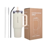 Bevora 1180ml Stainless Steel Tumbler with 2 Lids & 2 Straws | Double Wall Vacuum Insulated | Leakproof, Dustproof, Handle Mug for Hot & Cold Beverages – Travel, Office, Gym (Cream)