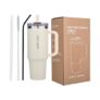 Bevora 1180ml Stainless Steel Tumbler with 2 Lids & 2 Straws | Double Wall Vacuum Insulated | Leakproof, Dustproof, Handle Mug for Hot & Cold Beverages – Travel, Office, Gym (Cream)