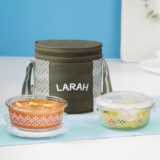 Larah Glassware Gracia Borosilicate Glass Lunchbox with Bag | 2pc Round Container (400 ml Each), Vertical | Microwave & Dishwasher Safe, Leakproof | Tiffin for Office, School, College | Green